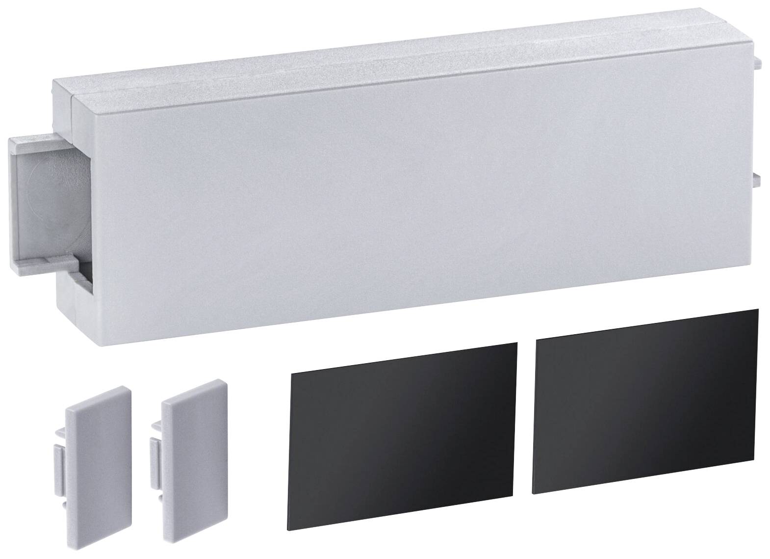 Un boîtier rectangulaire en argent avec deux couvercles noirs et deux couvercles argentés, probablement des composants d'un système de montage.