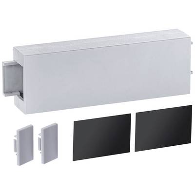 Un boîtier rectangulaire en argent avec deux couvercles noirs et deux couvercles argentés, probablement des composants d'un système de montage.