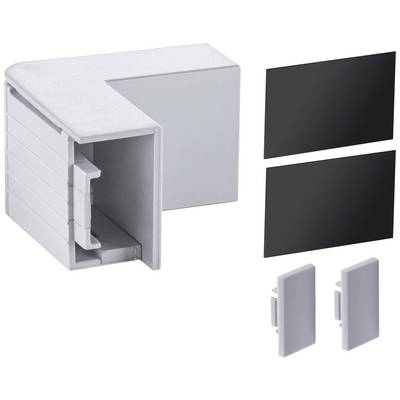 Un élément d'angle en argent avec des plaques noires et des couvertures argentées, probablement destiné au montage d'un meuble.