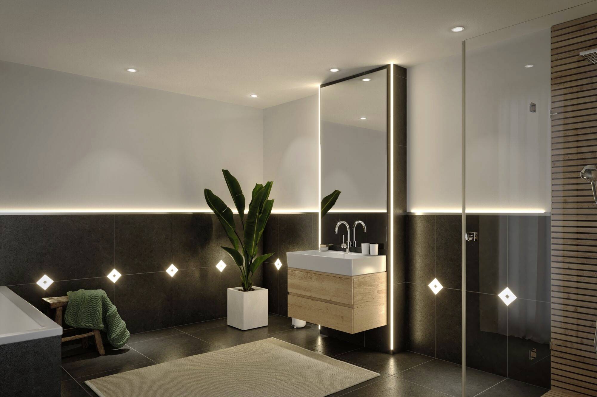 Salle de bain moderne avec des carrelages sombres, un grand miroir, un lavabo avec un meuble sous-vasque en bois, une plante dans le coin et un éclairage discret.
