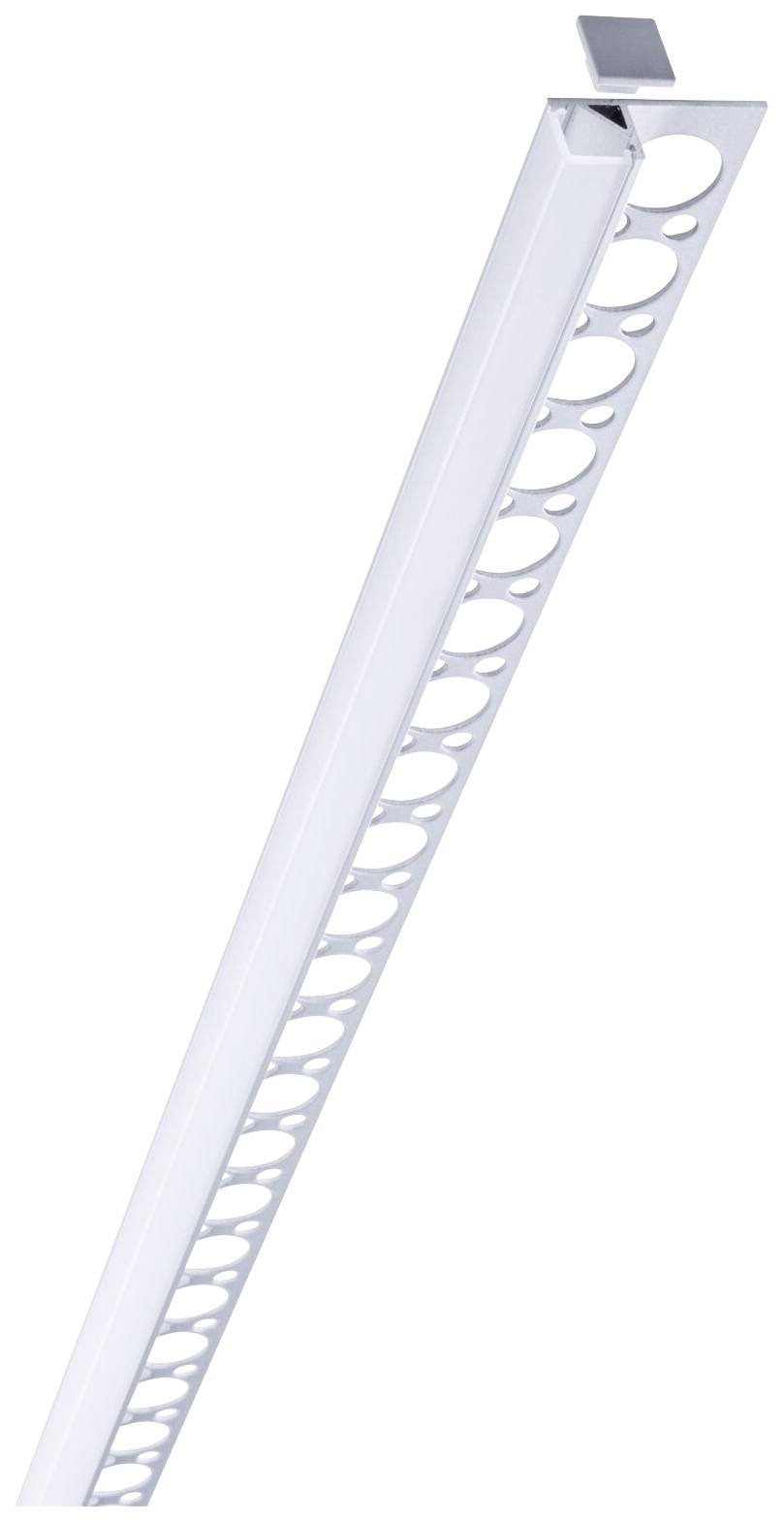 Profilé blanc en carrelage avec des trous le long du profil pour la fixation. Adapté pour des finitions de bords propres sur les bordures de carrelage.