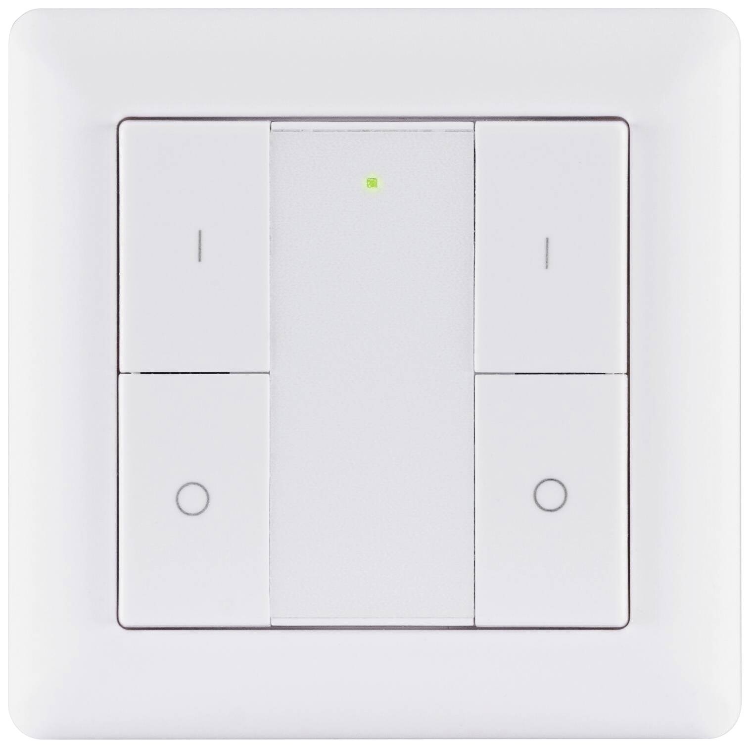 Interrupteur à trois boutons, le bouton central légèrement enfoncé, avec un voyant LED vert indiquant l'alimentation électrique active.