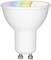 Lampe LED blanche avec douille GU10, montrant le couvercle supérieur avec un spectre arc-en-ciel et une ligne pointillée de séparation.