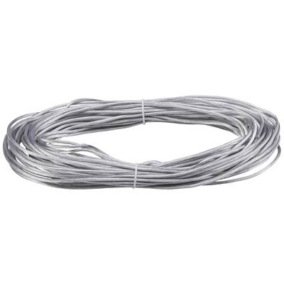 Un rouleau de fil d'argent, enroulé serré, maintenu par deux attaches de câble blanches.