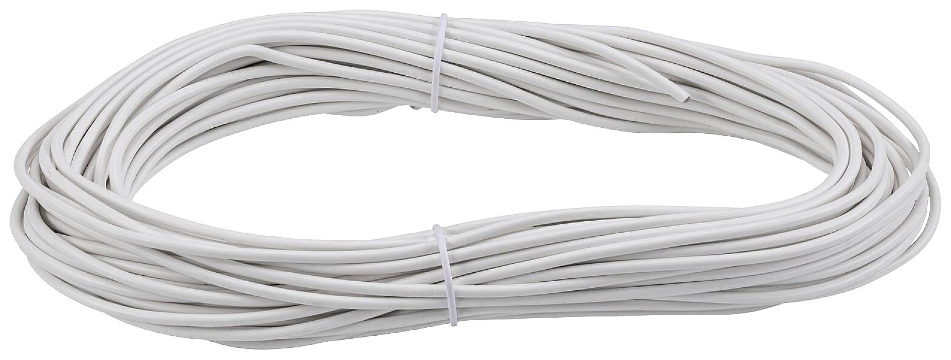 Un rouleau de fil électrique blanc, enroulé et maintenu par deux attaches de câble.