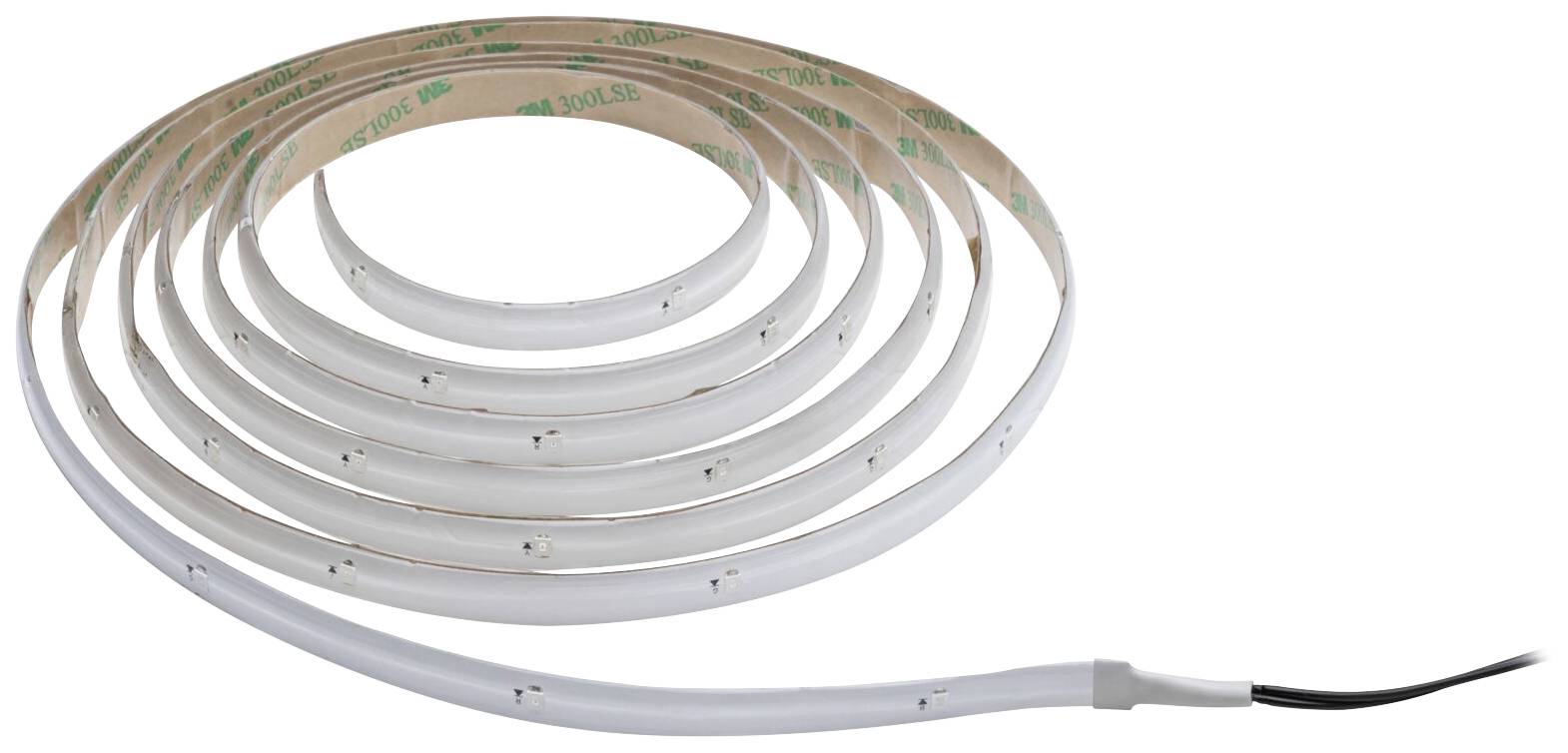 Un bandeau LED flexible, disposé en spirale, avec une connexion de câble à l'extrémité. Idéal pour un éclairage d'ambiance.
