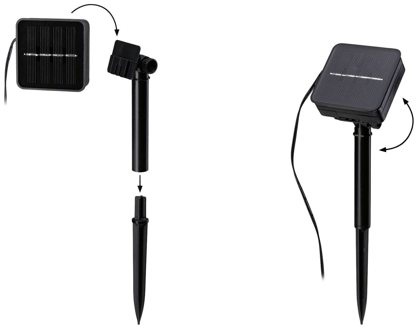 Lampe de jardin solaire avec piquet de terre ajustable, composée d'un panneau solaire et d'une tige télescopique réglable pour un positionnement optimal.
