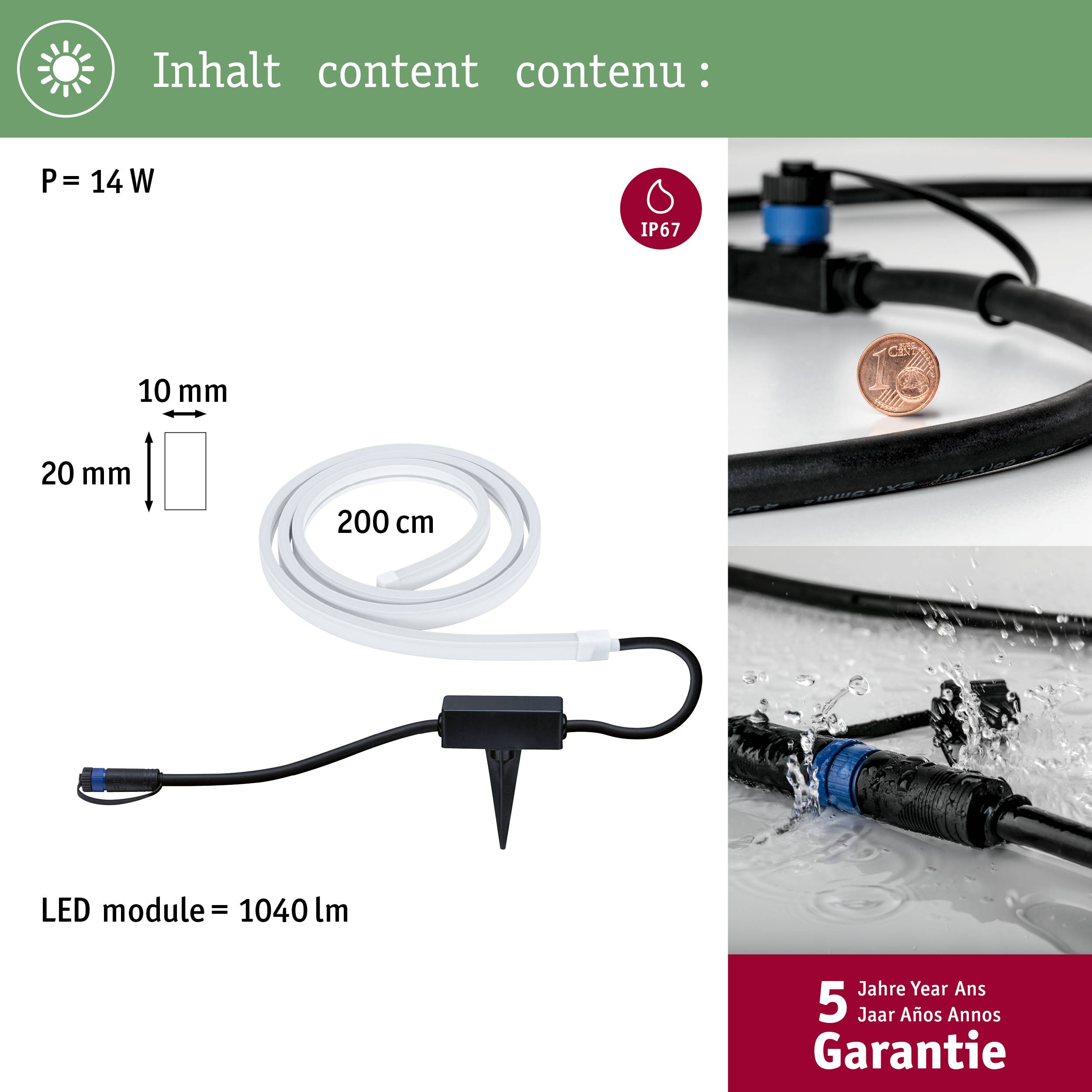 'Kit d'éclairage LED, 14 W, 200 cm, IP67, 1040 lm, garantie de 5 ans incluse.'