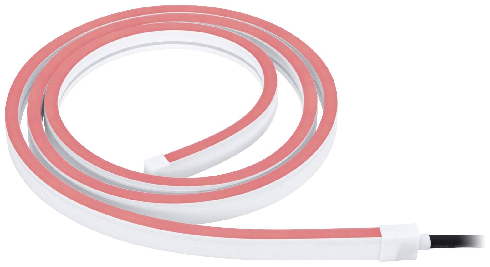 Une bande lumineuse LED blanche avec une bande rouge, enroulée dans une disposition circulaire sur un fond blanc.