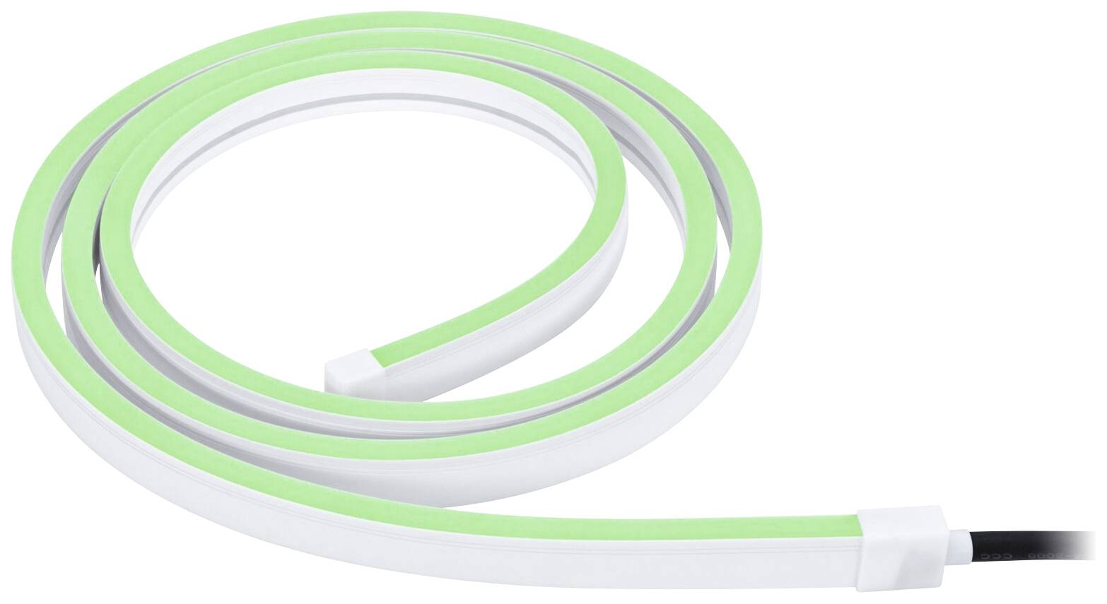 Une bande LED incurvée en blanc et vert est posée sur un fond blanc. La bande est flexible et comporte une connexion à une extrémité.