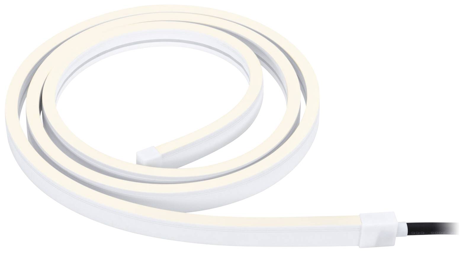 Une bande lumineuse LED blanche, disposée en spirale, avec une attache de câble noire, sur un fond blanc.