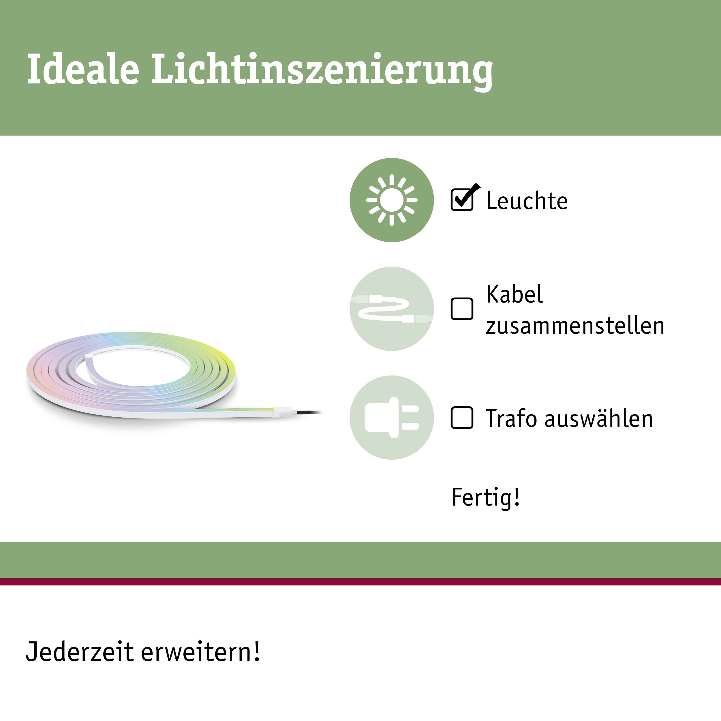 'Mise en scène lumineuse idéale' : Une barre LED colorée, des symboles pour luminaire, câble et transformateur, avec le texte 'Choisir le luminaire, assembler le câble, sélectionner le transformateur, Terminé !'
