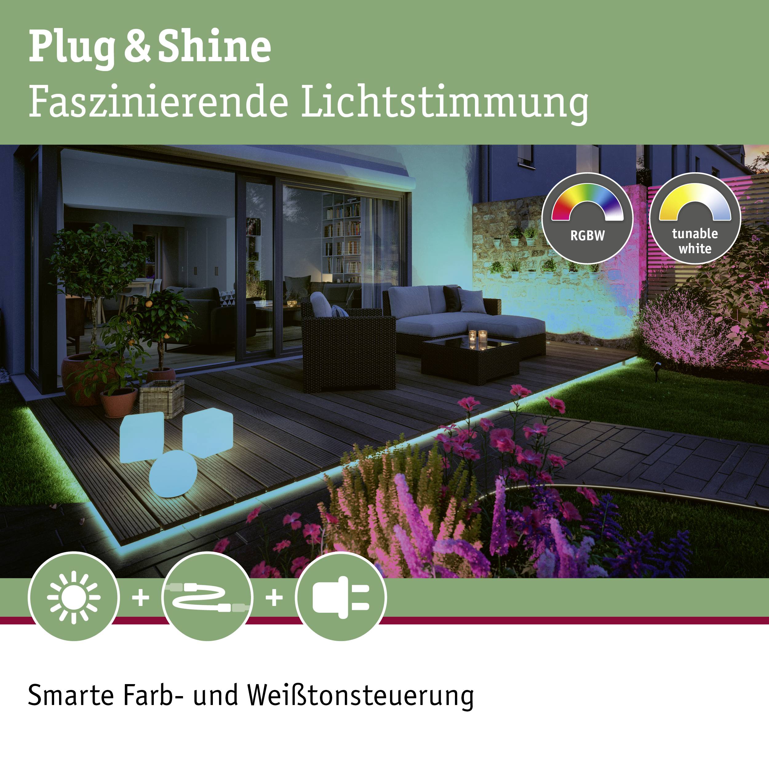 'Plug & Shine ambiance lumineuse fascinante' montre une terrasse illuminée la nuit dans différentes couleurs. Contrôle intelligent des couleurs et des tons blancs.