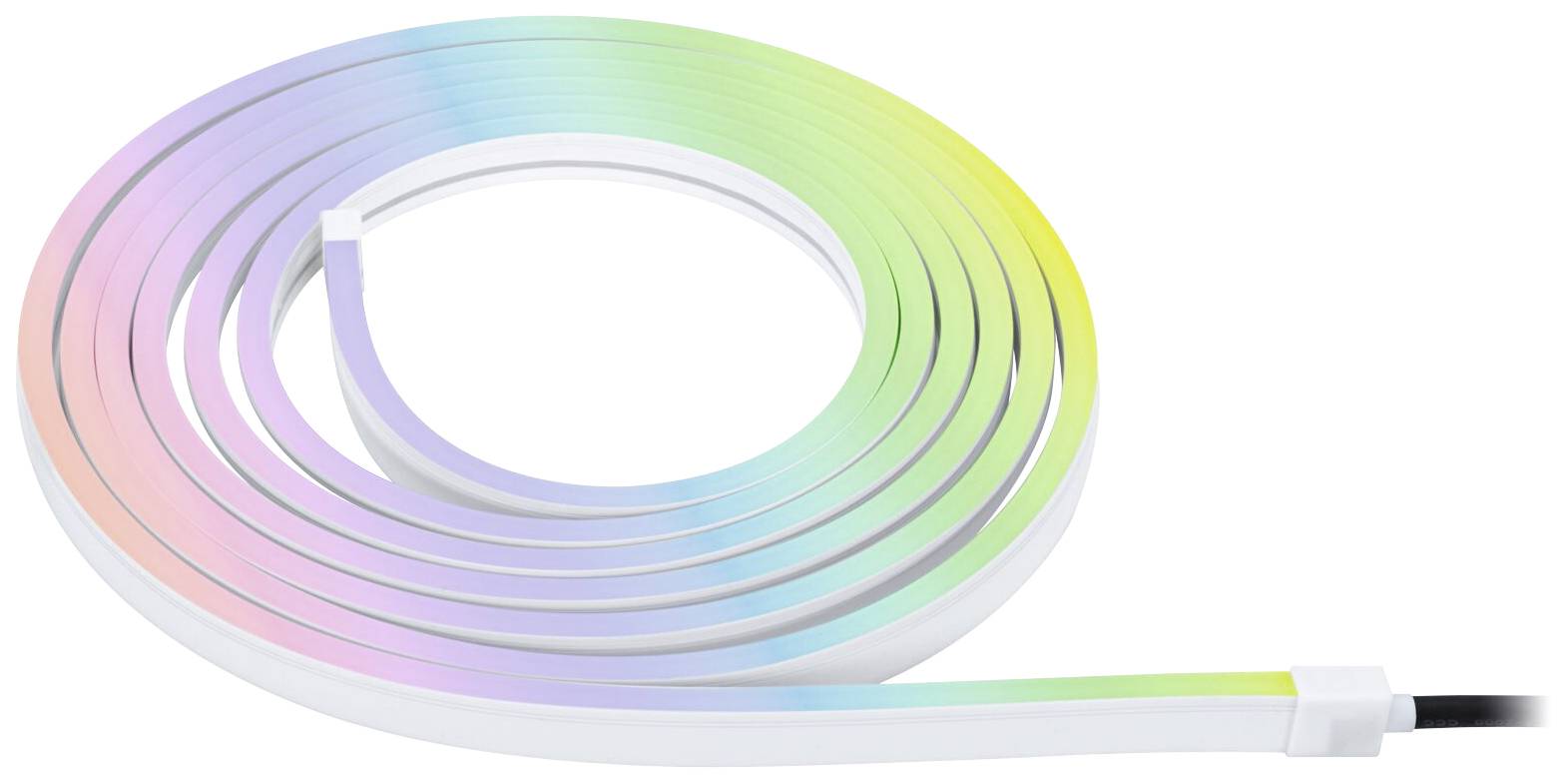 Bande LED flexible s'illuminant dans différentes couleurs pastel, enroulée dans une disposition circulaire.