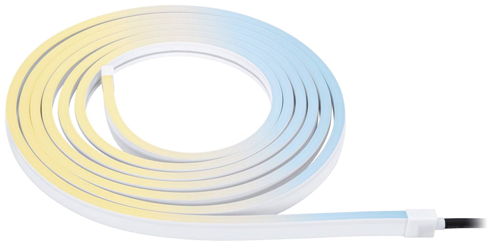 Ruban lumineux LED avec dégradé de couleur allant du jaune au bleu, enroulé sur un fond blanc.