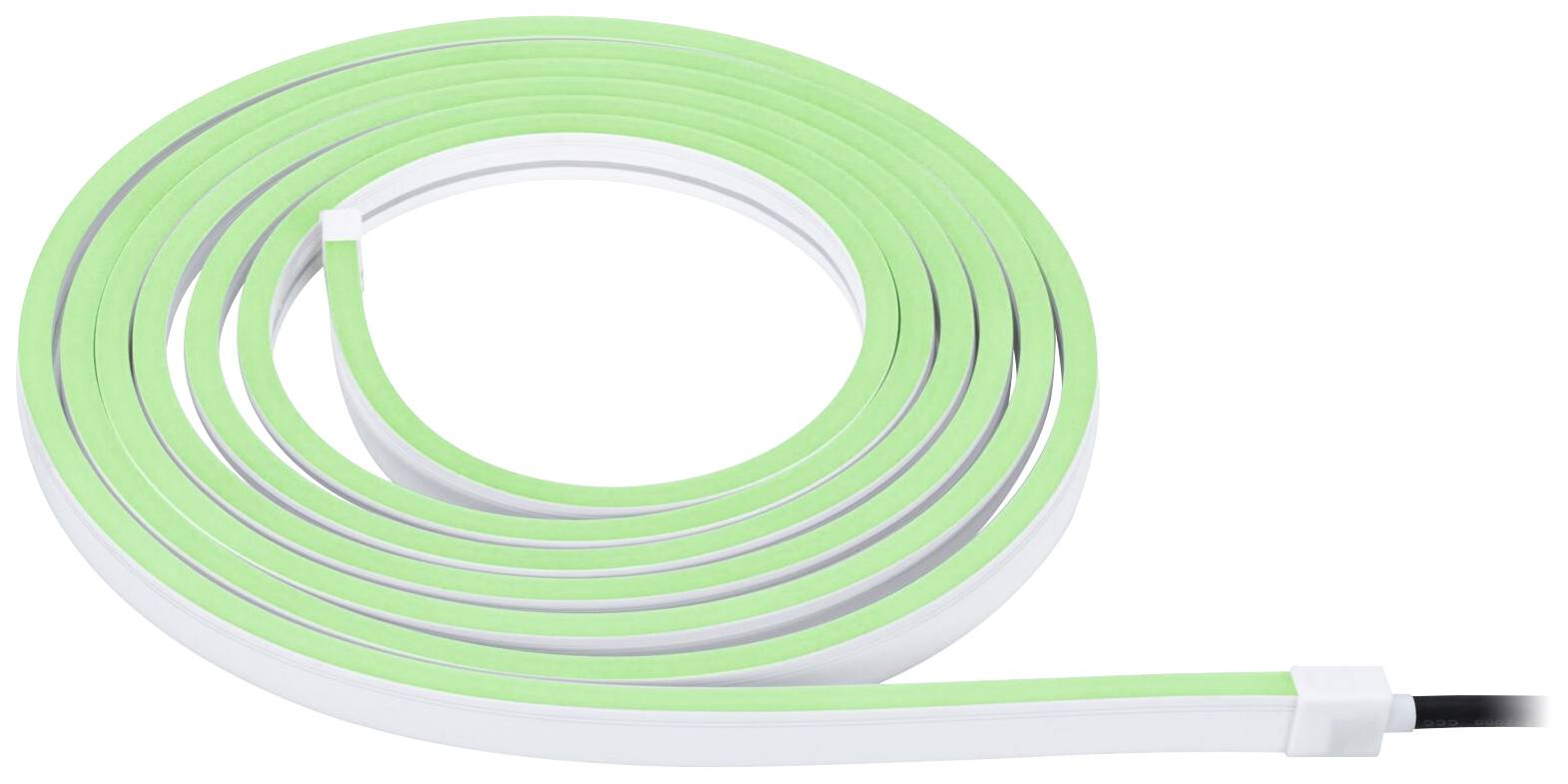 Une bande lumineuse LED enroulée émettant une lumière verte sur un fond blanc. La bande dispose d'une connexion USB à son extrémité droite.