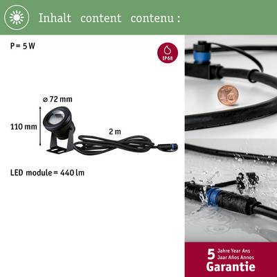 'Module LED, 5 W, 440 lm, Ø72 mm, hauteur 110 mm. Câble 2 m. Protection IP68. Garantie 5 ans.'