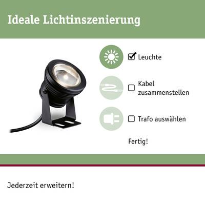 Une petite lampe, un câble et un transformateur sont représentés avec des symboles illuminés. Texte : 'Mise en scène lumineuse idéale. Prêt ! Extensible à tout moment !'