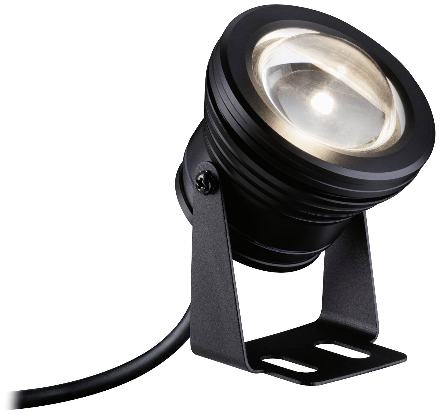 Projecteur LED noir avec câble, adapté à l'éclairage extérieur.