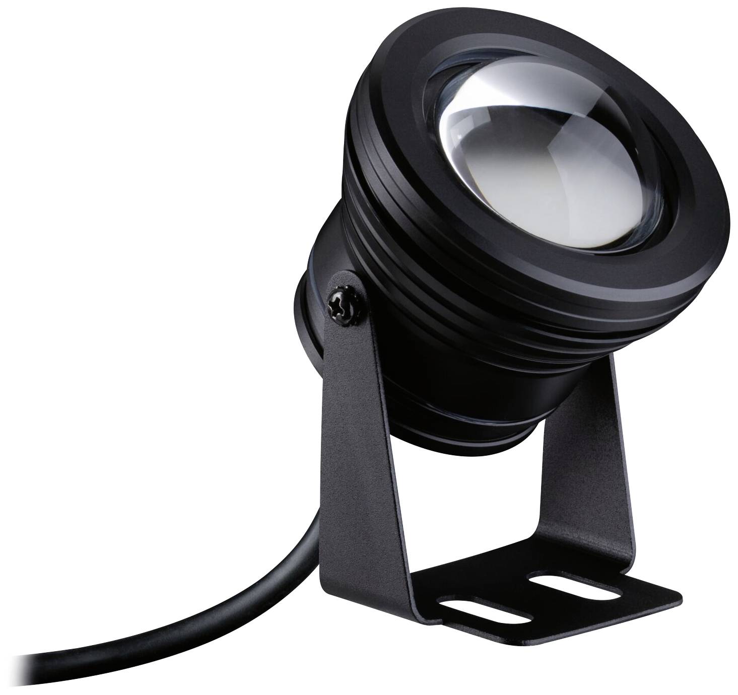 Un projecteur LED noir avec un support réglable, adapté à l'éclairage ciblé d'objets ou de zones.