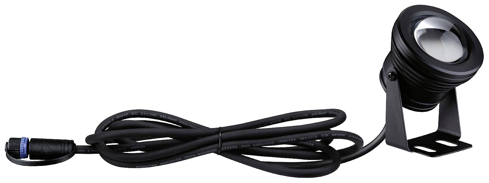 Projecteur LED noir avec long câble et support de montage, adapté à l'éclairage extérieur.