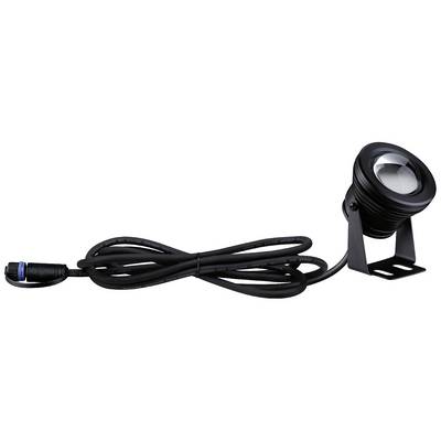 Projecteur LED noir avec long câble et support de montage, adapté à l'éclairage extérieur.