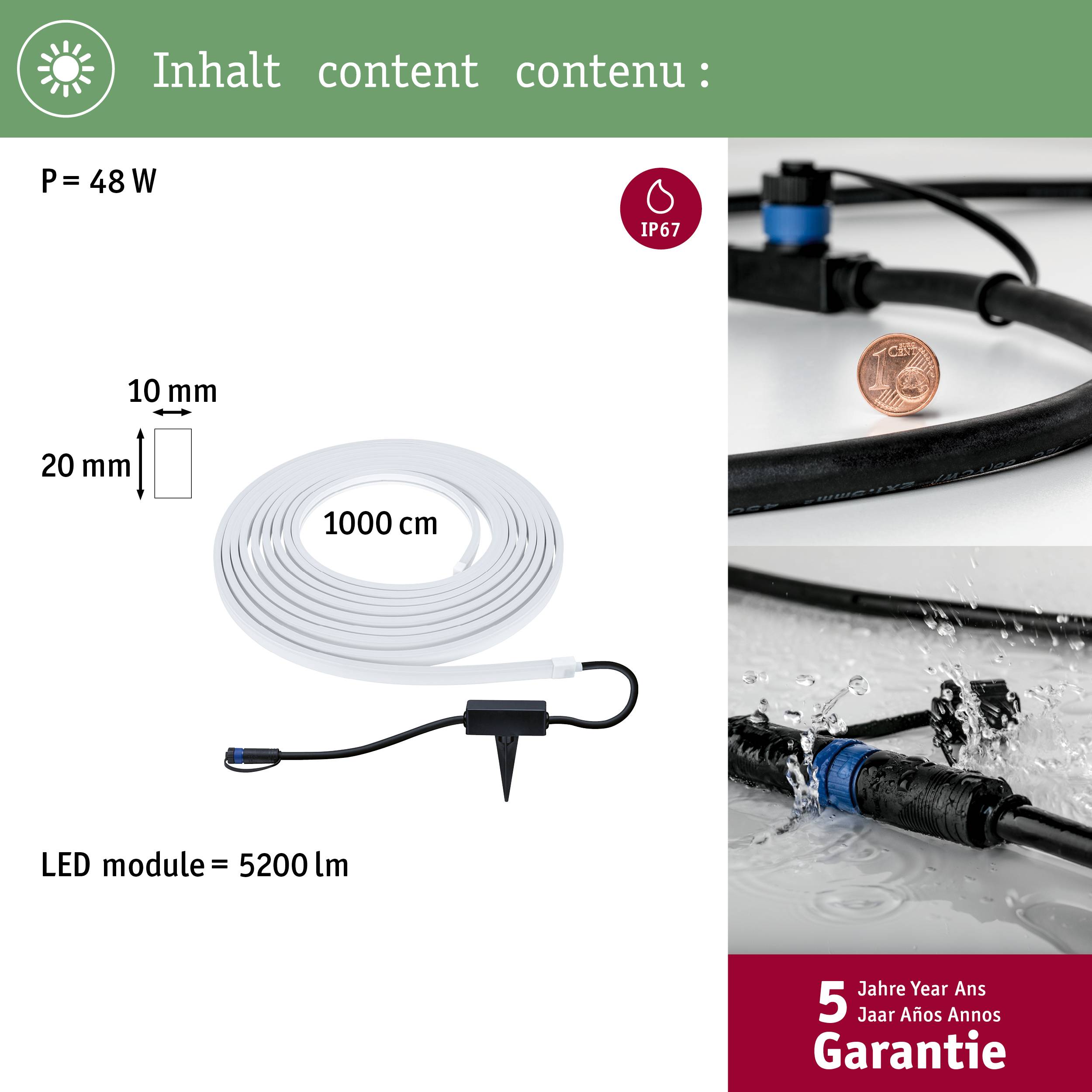 'Bandeau lumineux LED de 48 W, longueur de 1000 cm, 5200 lm. Étanche selon la norme IP67. Comprend des supports pour l'installation. Garantie de 5 ans.'