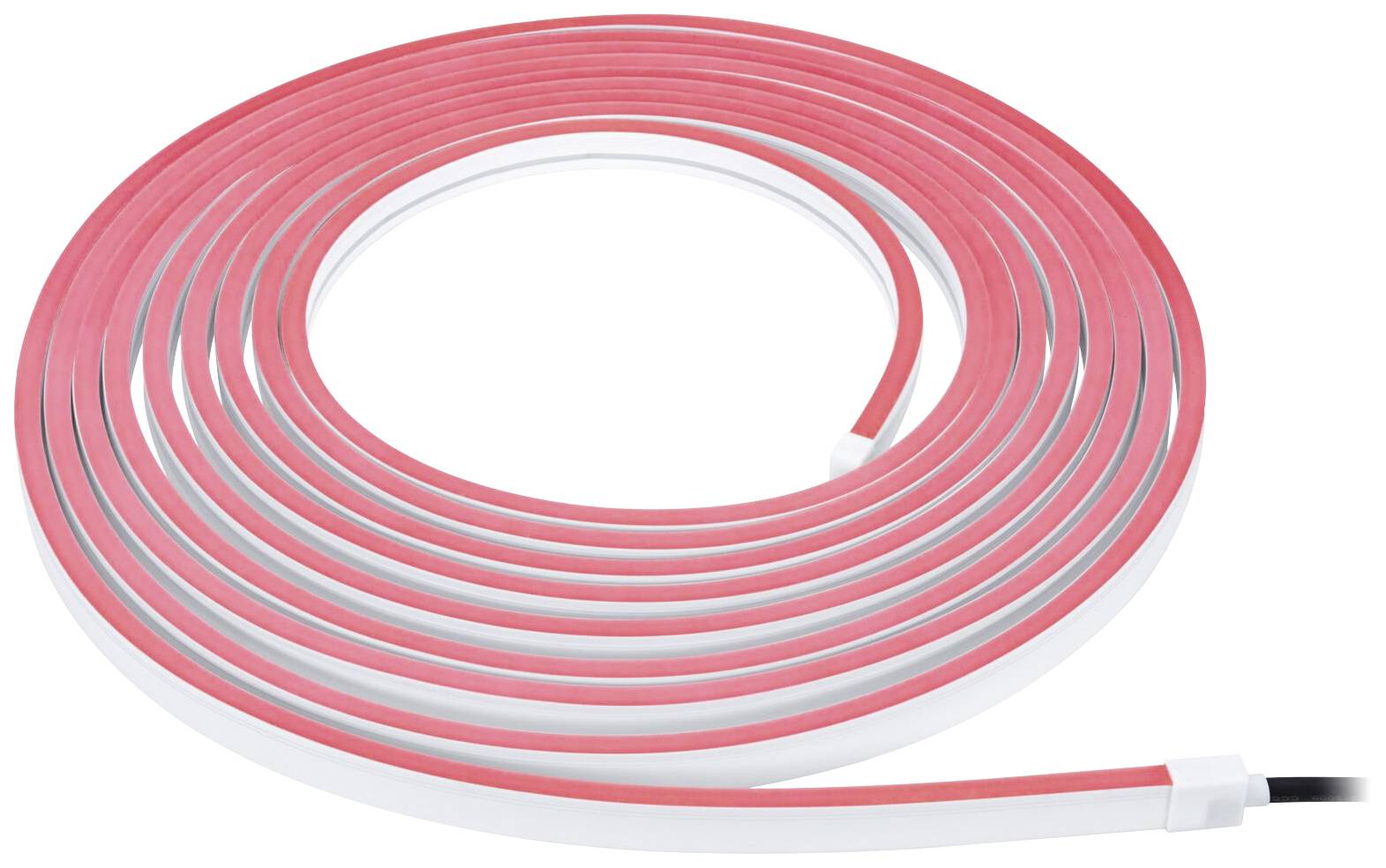 Une lumière néon LED rouge, flexible, disposée en motif circulaire, est posée sur une surface blanche, prête à être utilisée pour la décoration ou l'éclairage.