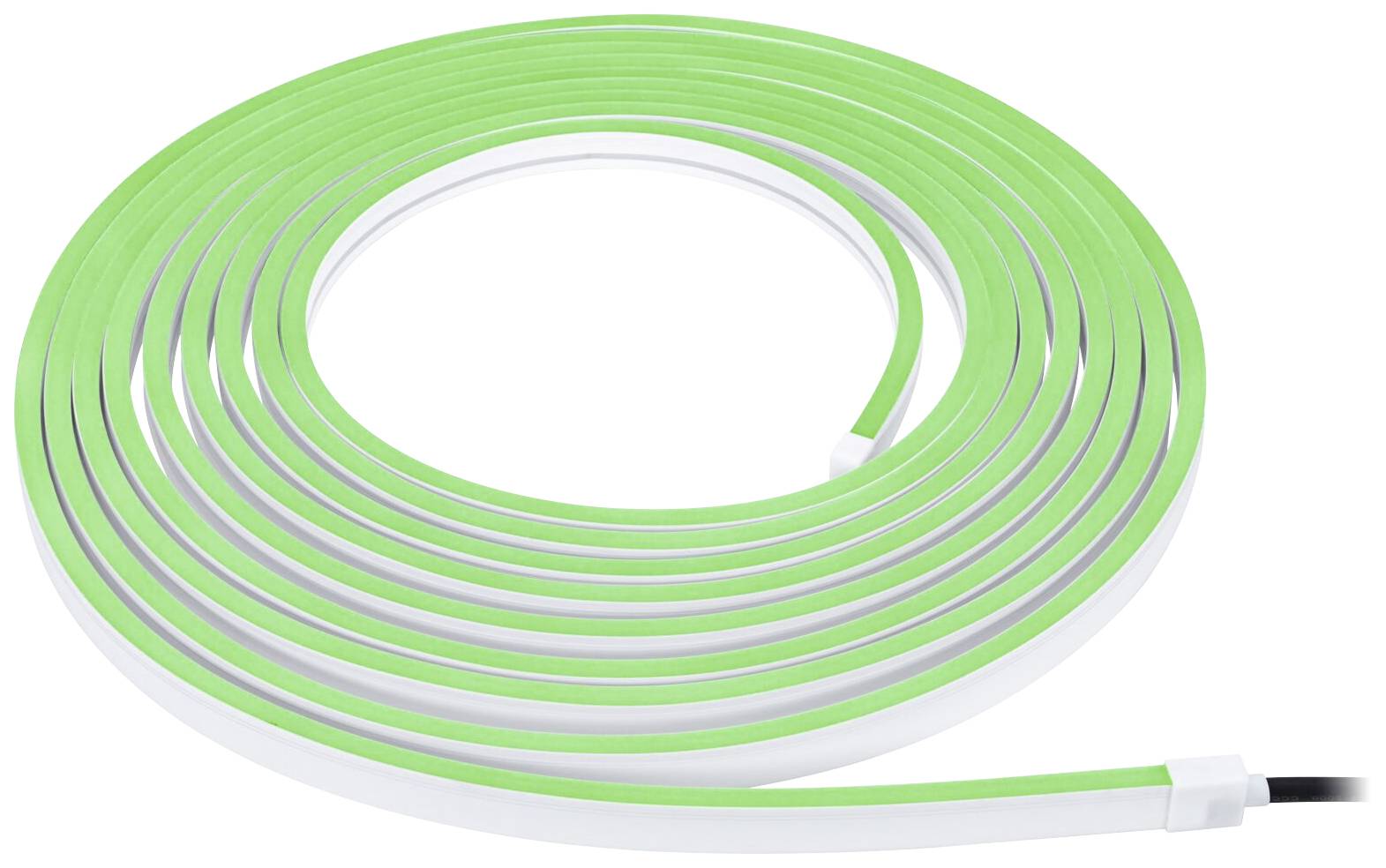Ruban néon LED vert disposé en spirale, illustrant flexibilité et couleur lumineuse, idéal pour un éclairage créatif.