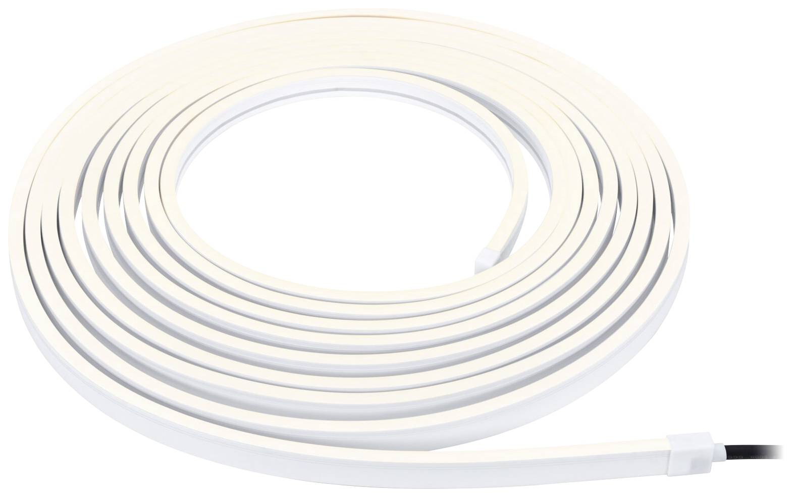 Une bande lumineuse LED blanche et flexible enroulée, avec un point de connexion noir sur un fond blanc.