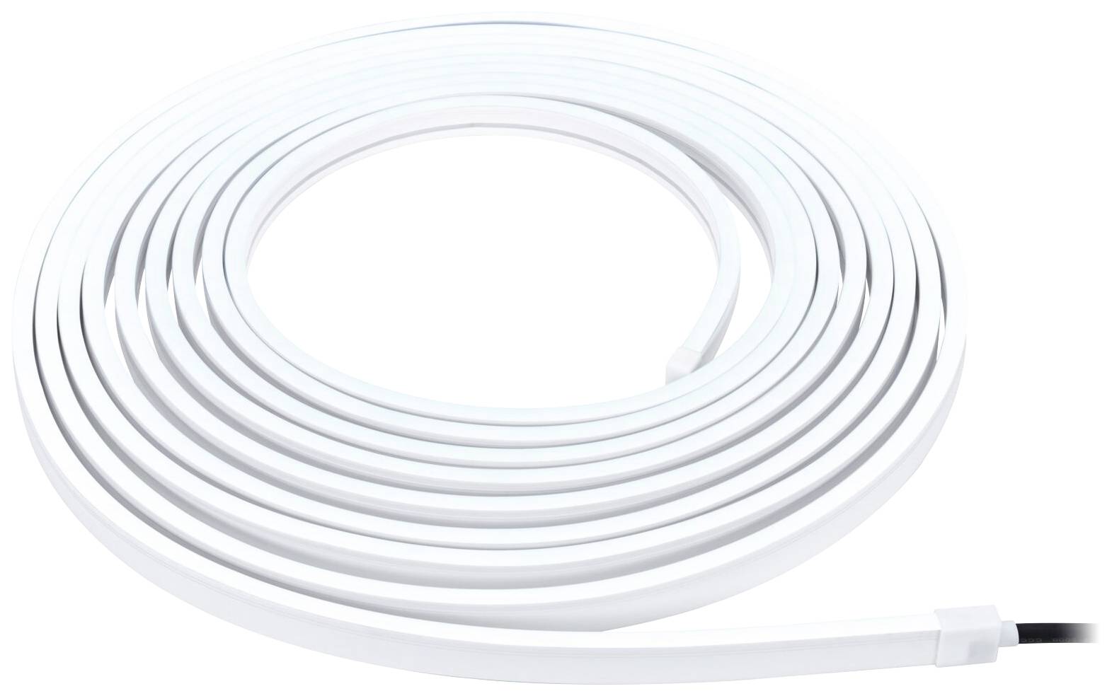 Rouleau d'une bande LED blanche avec un connecteur à l'extrémité droite. Idéal pour un éclairage décoratif.