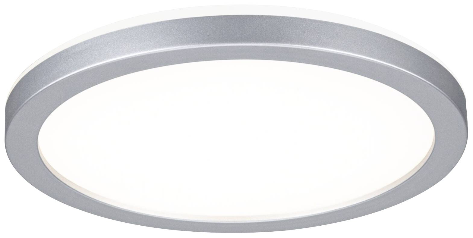 Plafonnier rond en argent avec diffuseur lumineux blanc, adapté aux espaces intérieurs modernes.