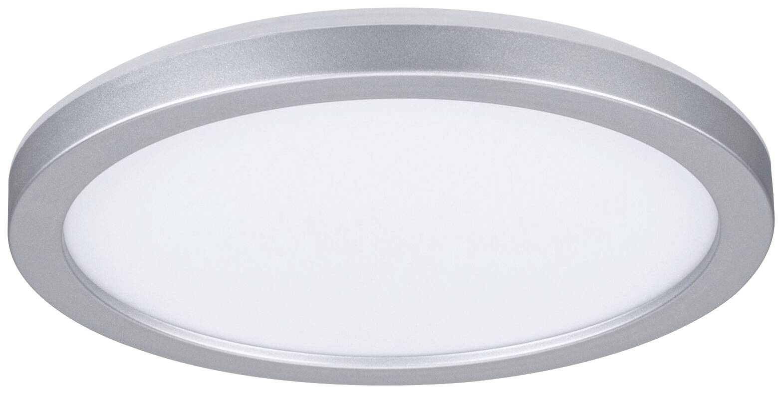 Plafonnier rond et plat, avec un cadre en métal argenté et un diffuseur blanc, adapté aux espaces intérieurs modernes.