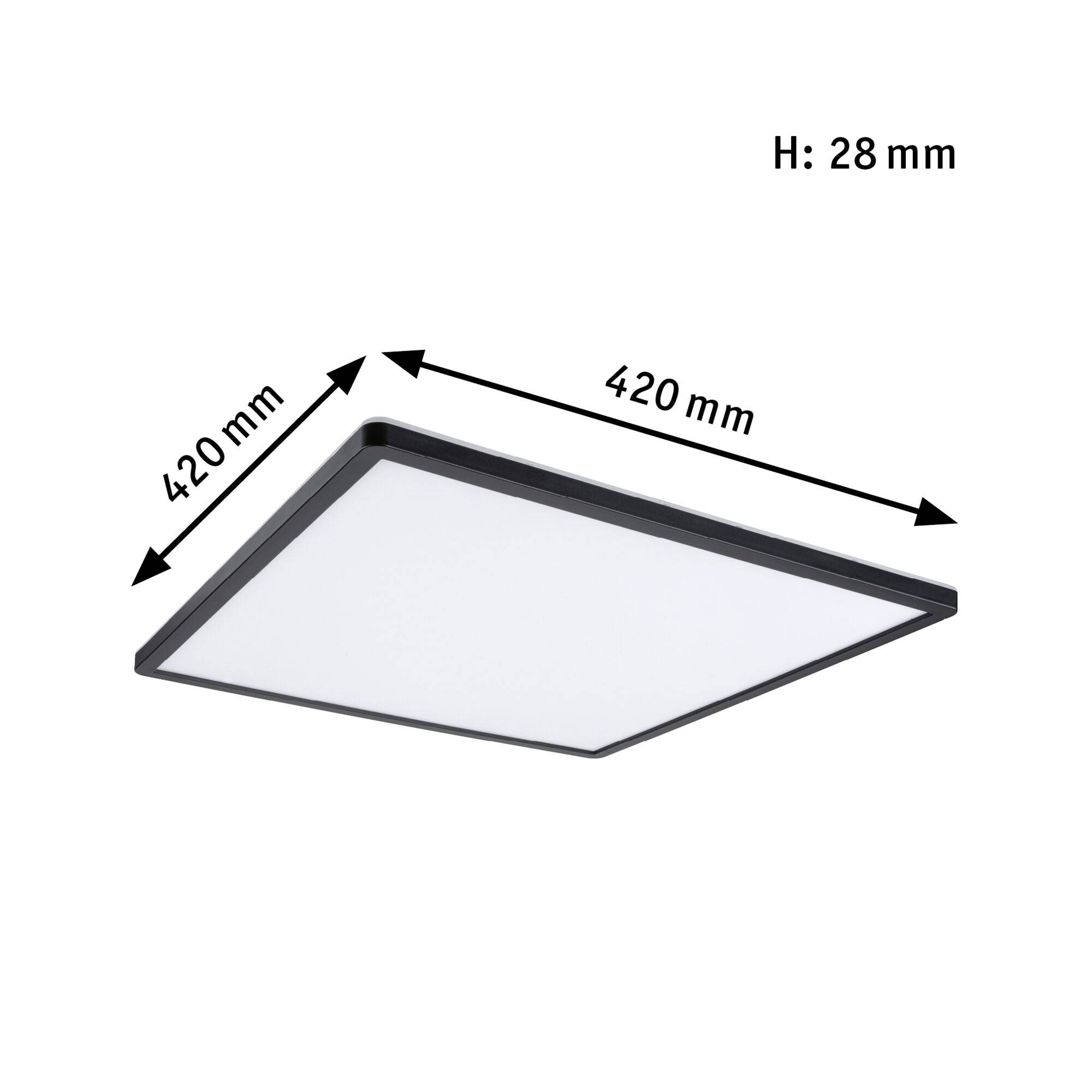 Plafonnier LED carré noir, 420 mm x 420 mm, avec une hauteur de 28 mm.