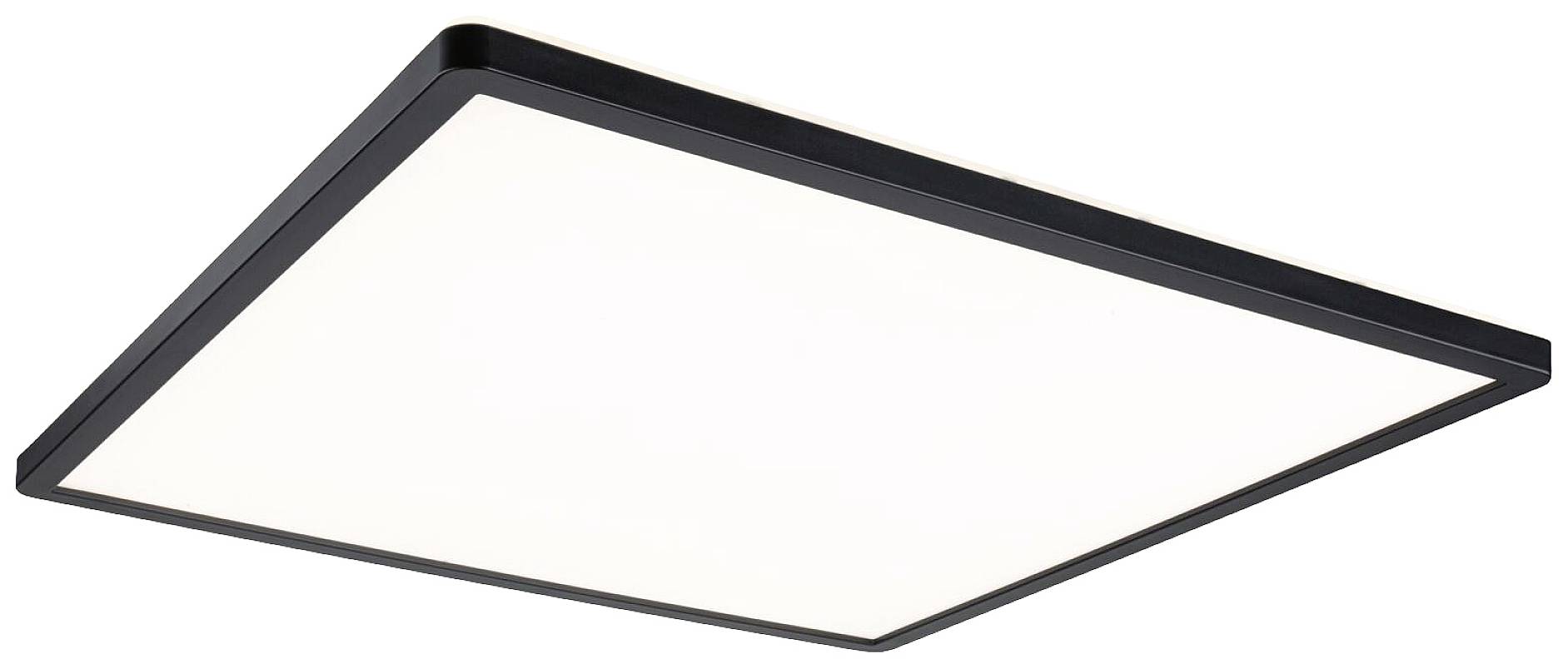 Plafonnier LED rectangulaire à cadre noir, diffusant une lumière blanche uniforme. Design moderne et minimaliste.