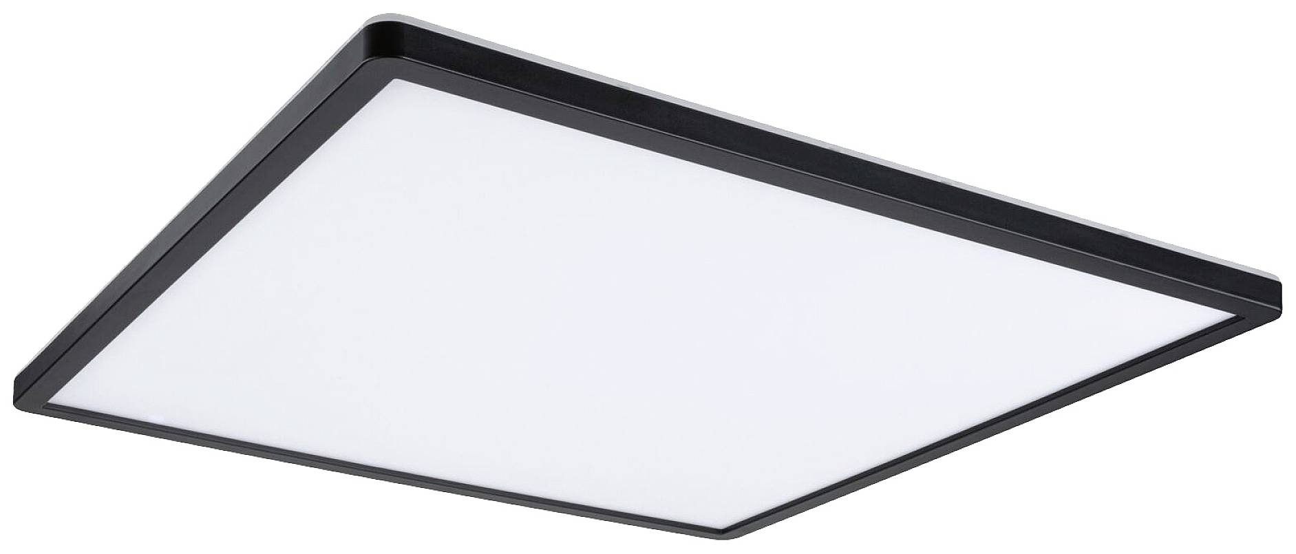 Une plafonnier LED carré avec un cadre noir et une surface lumineuse blanche, monté au plafond.