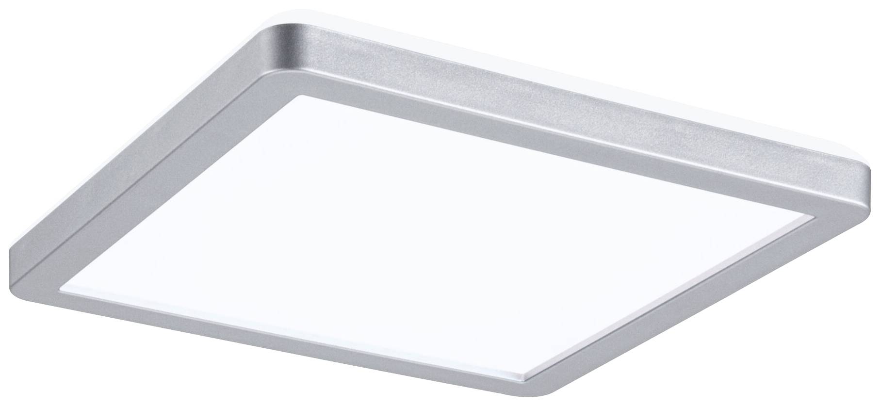 Plafonnier LED carré avec cadre argenté et surface lumineuse blanche, adapté aux espaces intérieurs modernes.