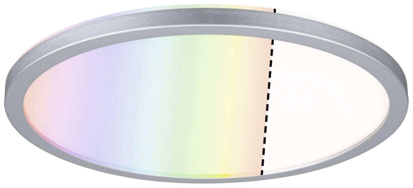 Plafonnier LED rond à bordure argentée, présentant un effet arc-en-ciel sur la gauche et une lumière blanche uniforme sur la droite.