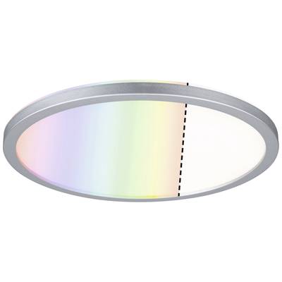 Plafonnier LED rond à bordure argentée, présentant un effet arc-en-ciel sur la gauche et une lumière blanche uniforme sur la droite.