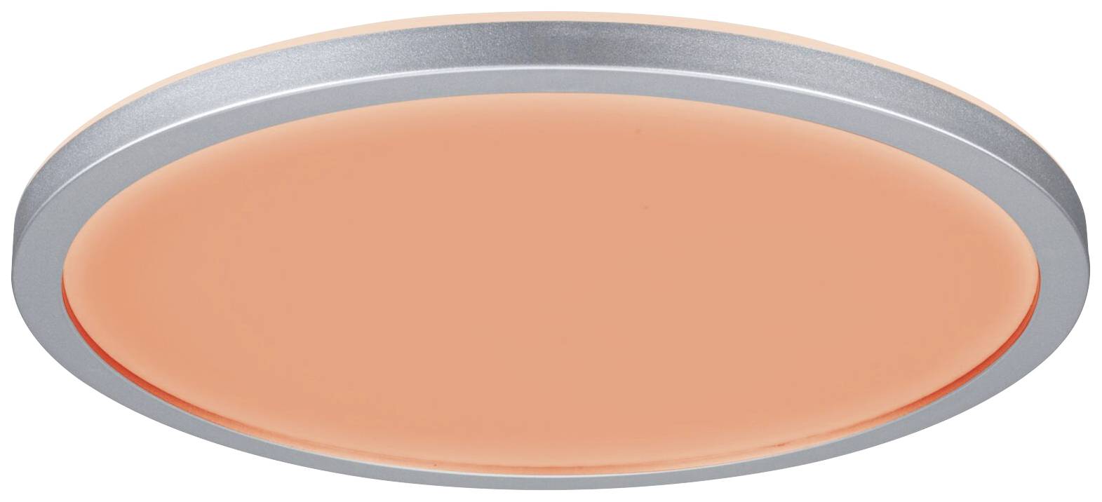 Plafonnier rond avec cadre argenté et surface orange lumineuse. Design moderne, adapté à l'éclairage intérieur.