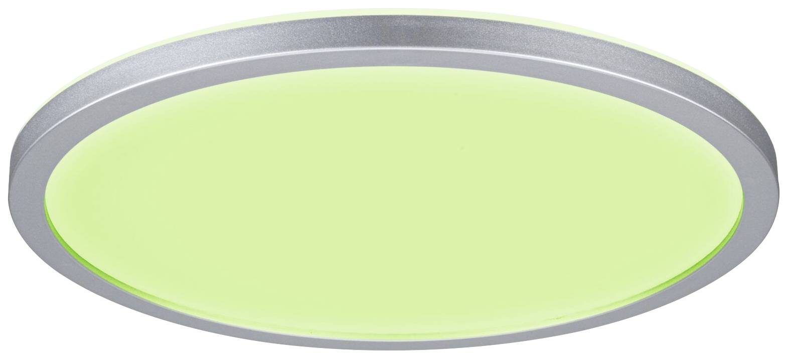 Plafonnier rond en argent avec lumière verte.