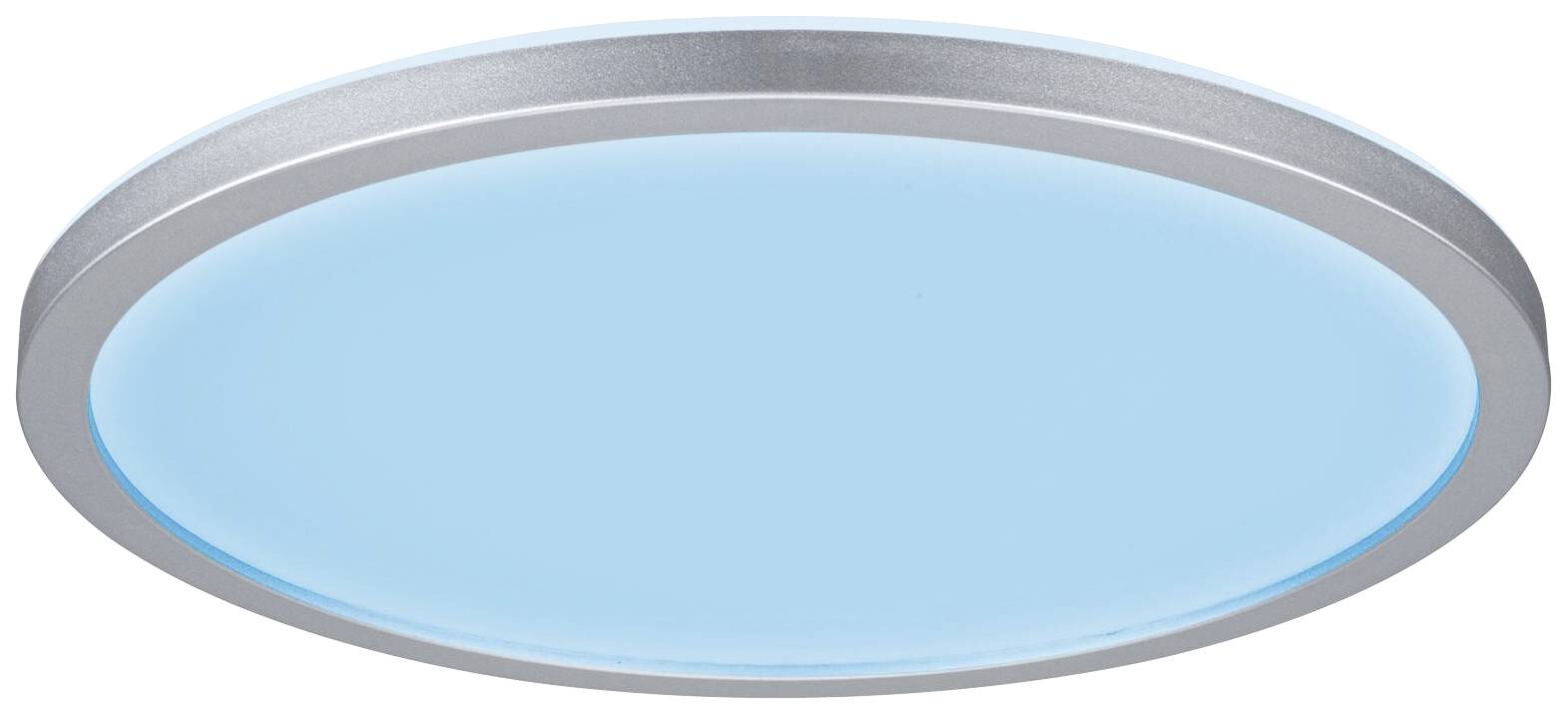 'Plafonnier rond et plat avec lumière bleue et bordure argentée, design moderne.'