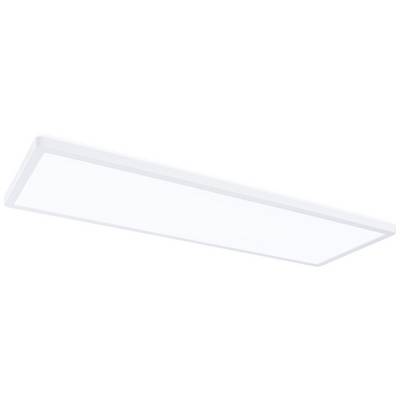 Plafonnier LED rectangulaire avec cadre blanc, adapté aux espaces de bureau ou résidentiels. Il offre une répartition uniforme de la lumière.