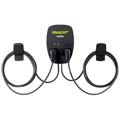 Station de charge avec deux connexions de câble, identifiée comme 'PRACHT ALPHA', présentant des indicateurs LED.