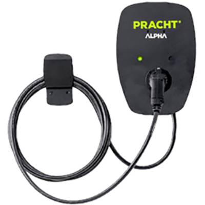 Une borne de recharge noire portant l'inscription 'Pracht Alpha', avec un voyant vert indiquant qu'elle est prête à fonctionner. Un câble est branché.