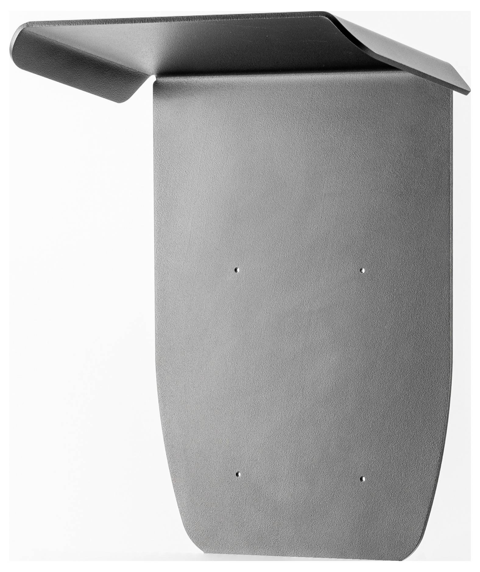 Un support mural en métal gris, minimaliste, avec des bords arrondis et quatre trous de fixation.