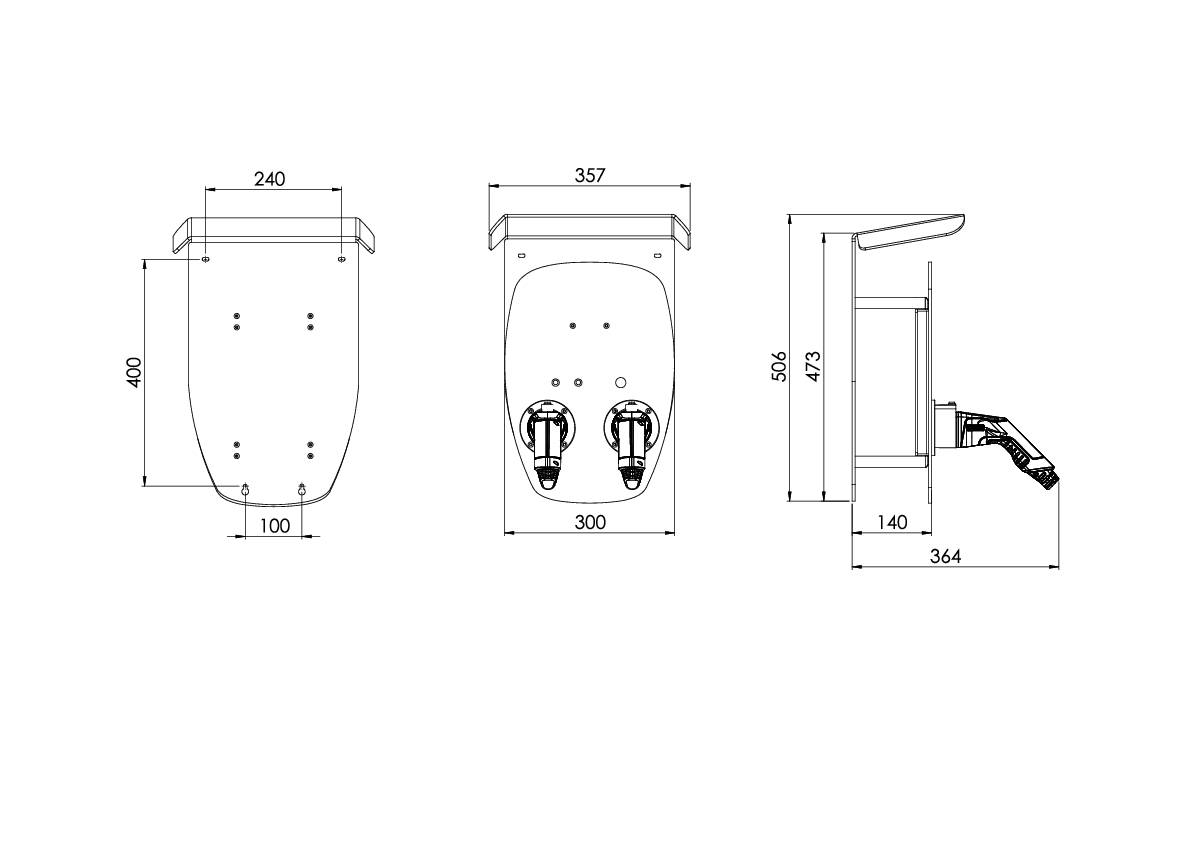 Dessin technique d'un support mural : vue de face, vue latérale et vue de dessus avec dimensions en millimètres.