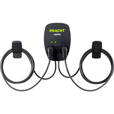 Station de recharge avec deux câbles et fiches, portant l'inscription 'PRACHT ALPHA' en haut, adaptée aux véhicules électriques.