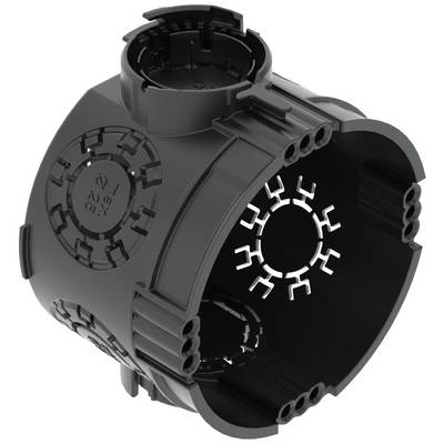 Un boîtier cylindrique noir en plastique avec plusieurs emplacements et des découpes rondes, servant à accueillir des connexions.