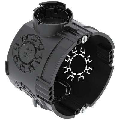 Un boîtier cylindrique noir en plastique avec des vis et des ouvertures, probablement un boîtier de montage ou un support dans un environnement technique.